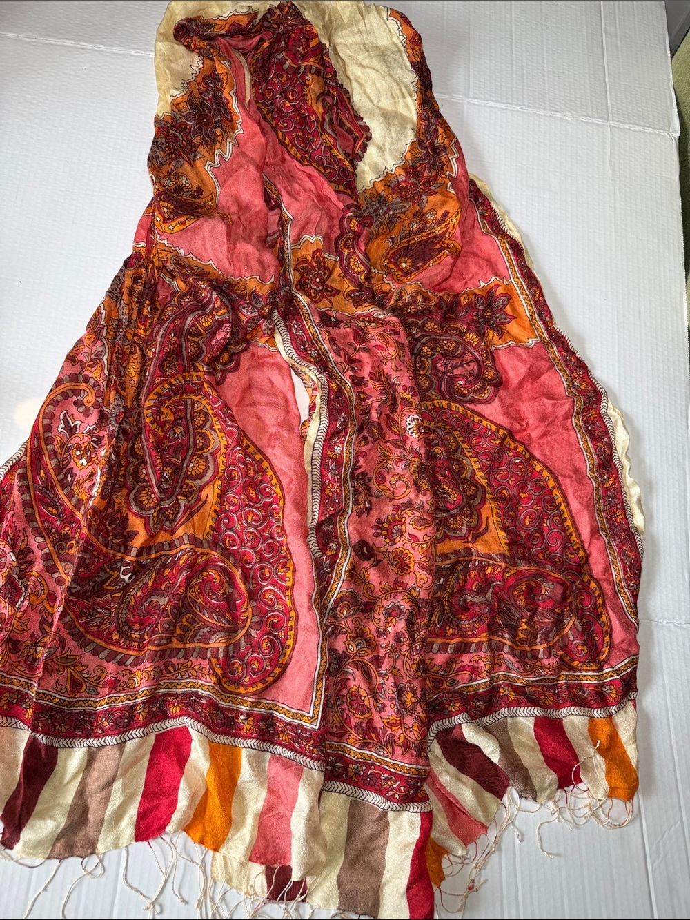 Tolani Red and Mustard Paisley Silk Scarf with Fringe
